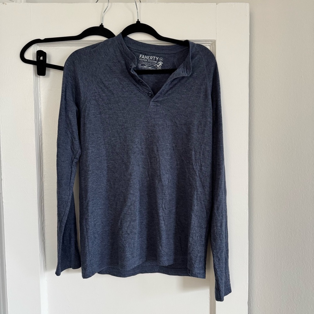 Faherty Blue Long Sleeve Henley Shirt
